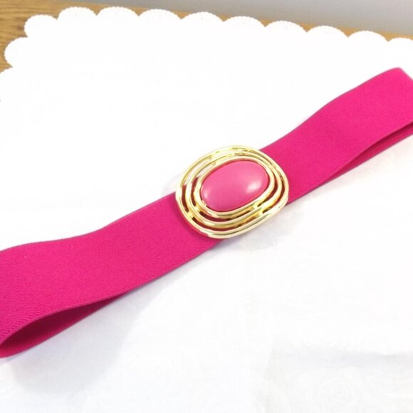 Fuchsia Pink Stretch Belt with Gold and Pink Buckle - Picture 1 of 10